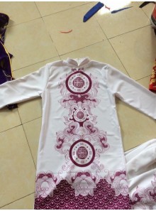 áo dài nam CT 2307 Hoa Văn 2 Vòng Tròn/Chân Tà Đỏ (màu trắng)
